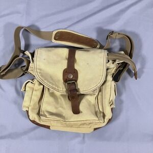 Augur Strauss & Co Canvas Messenger Bag Mens Tan Brown Leather Trim Satchel